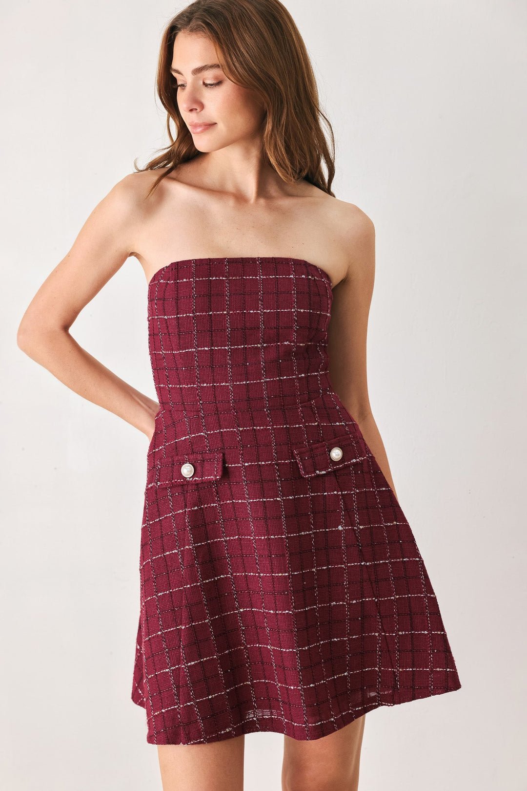 TWEED DOLL WINE WOVEN MINI DRESS