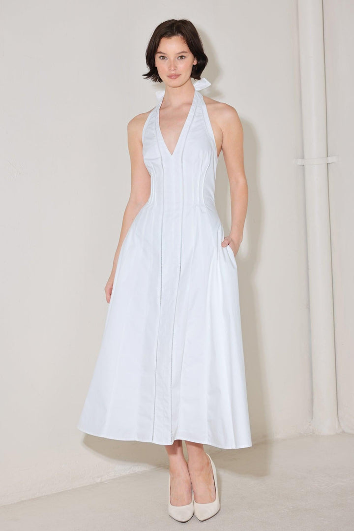 POWDER SKY HALTER WOVEN MIDI DRESS