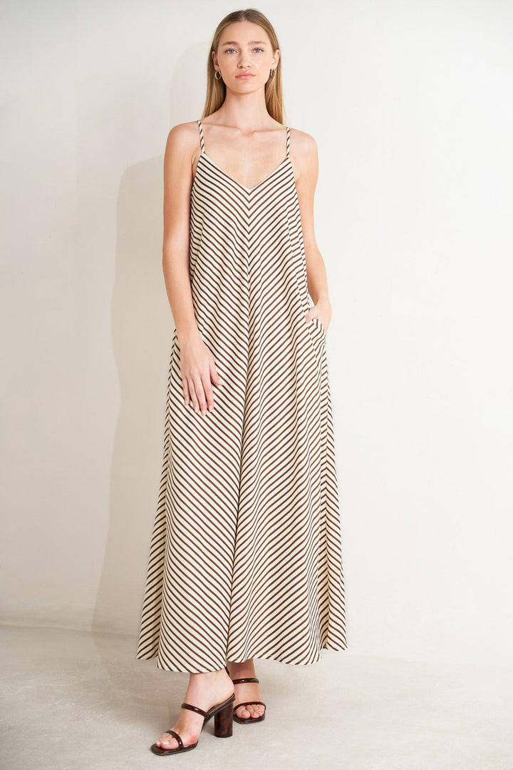 Striped woven midi dress with V neckline