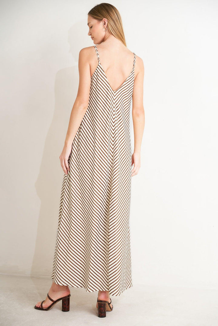 Striped woven midi dress with V neckline