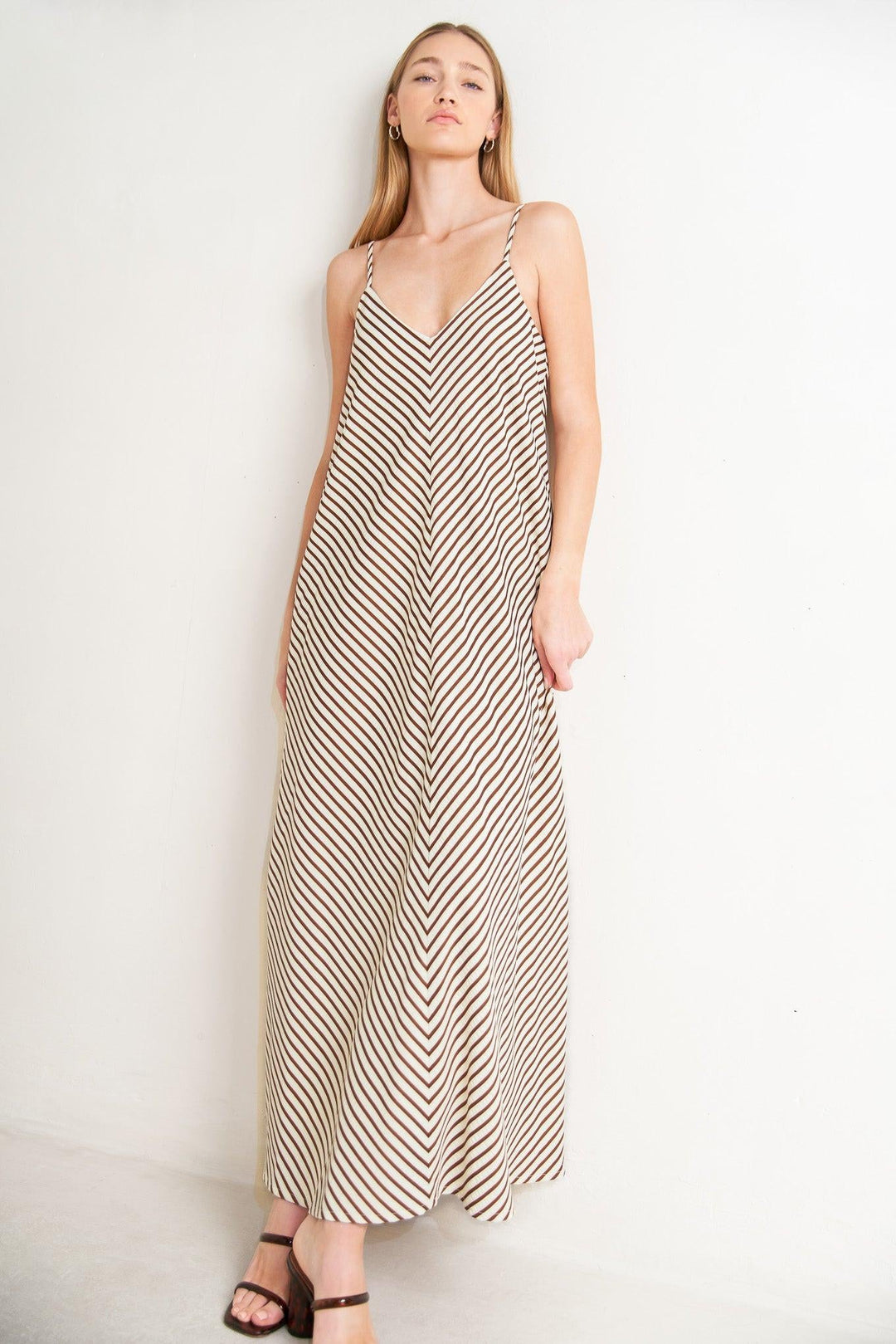 Striped woven midi dress with V neckline