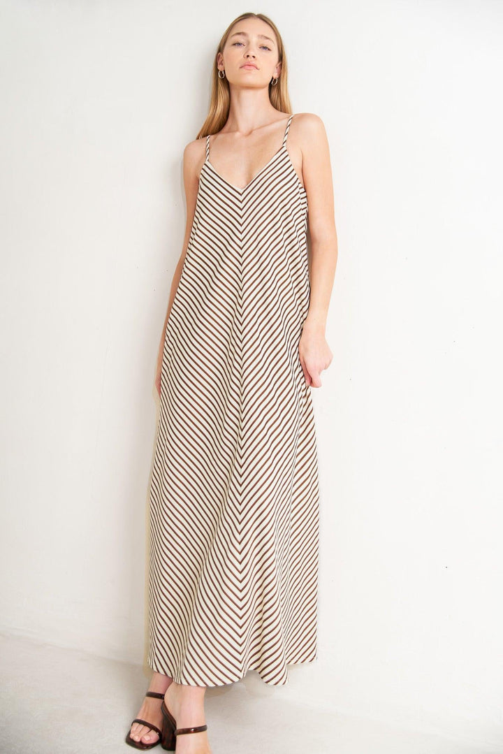 Striped woven midi dress with V neckline
