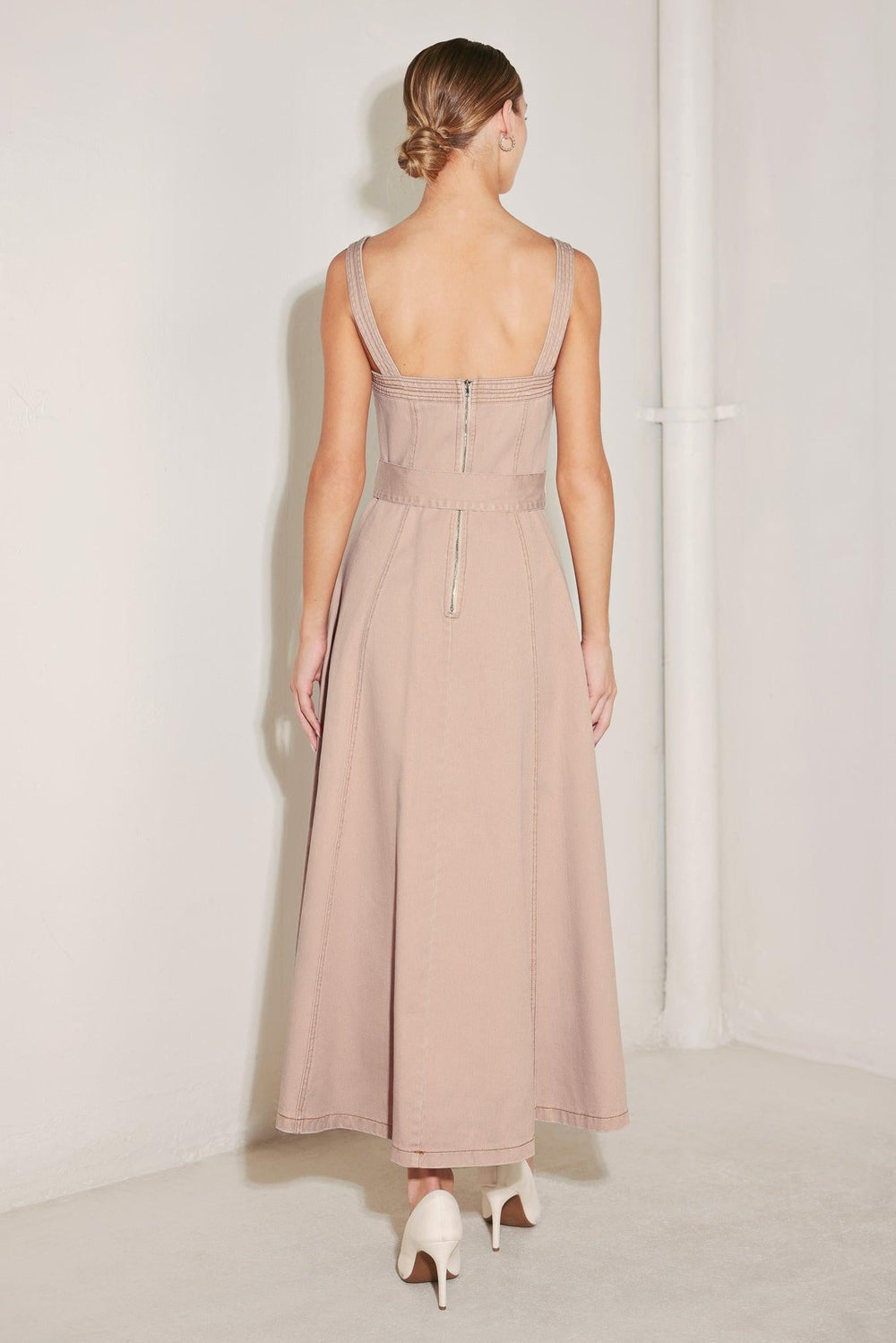 Elevated Neutral Blush Woven Midi Dress from KADOU Boutique