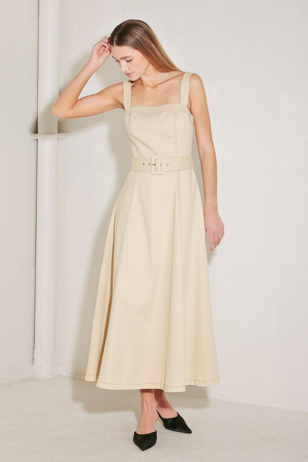 neutral midi dress Neutral & Yellow Striped Midi Dress With Pockets Large
