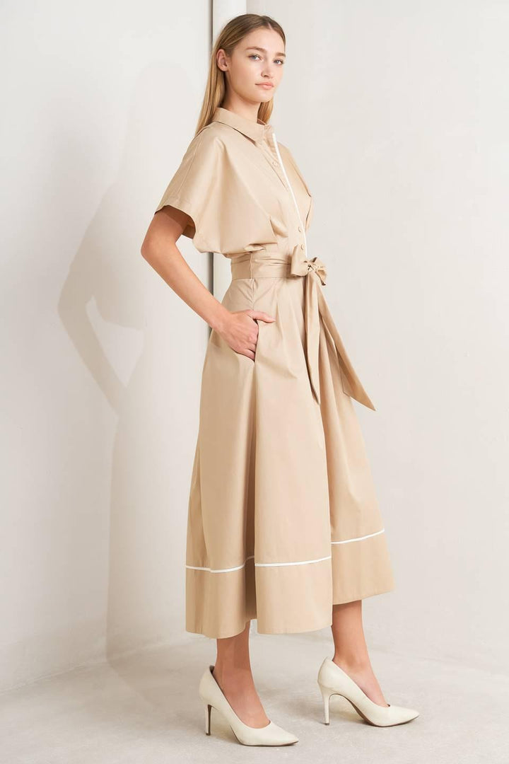 Catch You Later Khaki Woven Midi Dress from KADOU Boutique