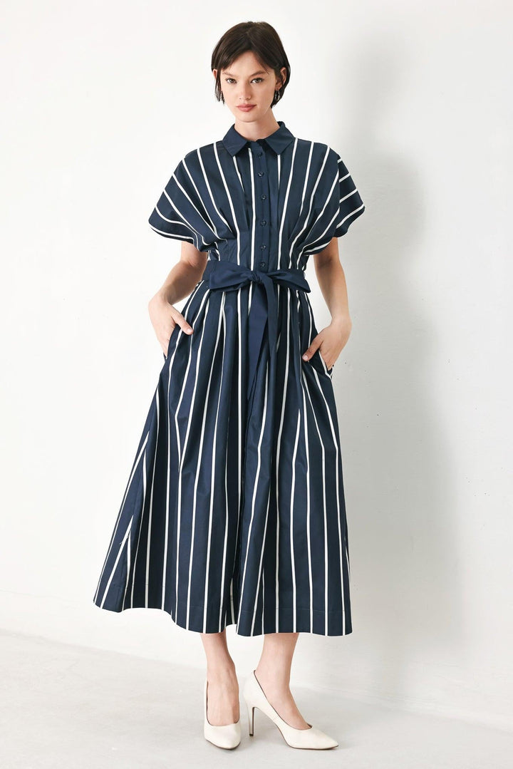 Preorder Pinstripe Story Woven Midi Dress from KADOU Boutique