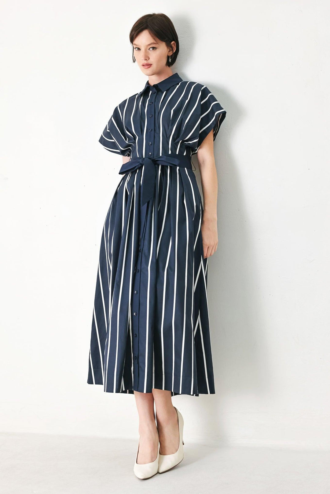 Preorder Pinstripe Story Woven Midi Dress from KADOU Boutique