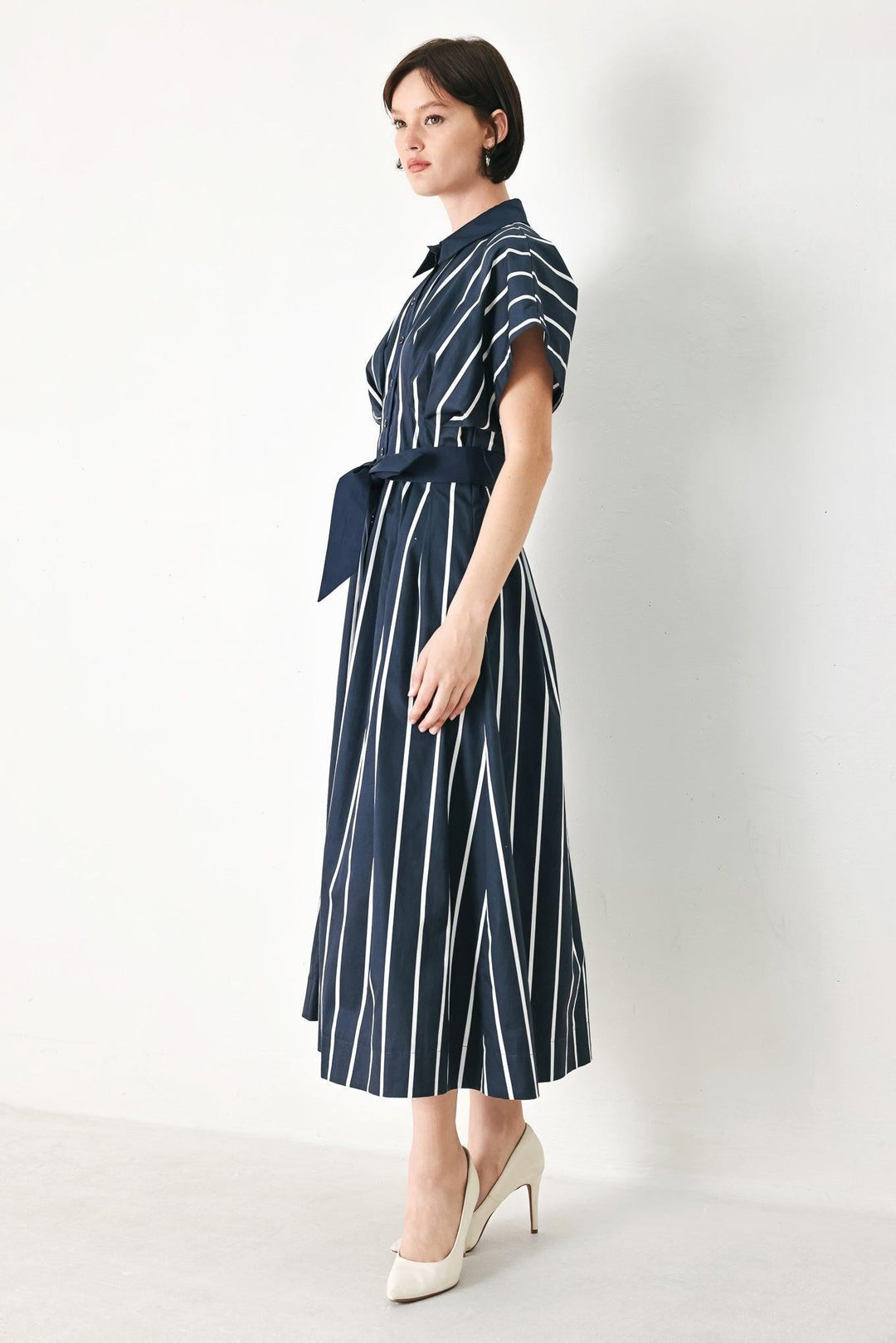 Preorder Pinstripe Story Woven Midi Dress from KADOU Boutique