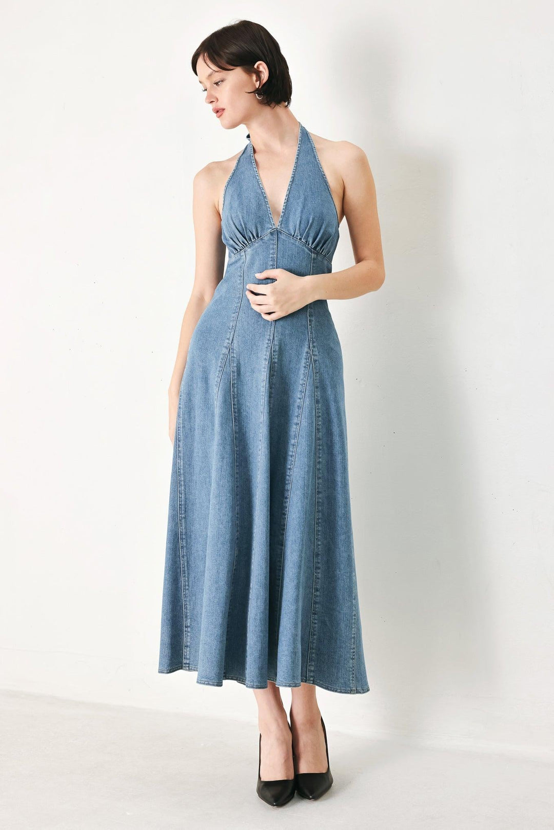 Blue Blossom Denim Midi Dress from KADOU Boutique