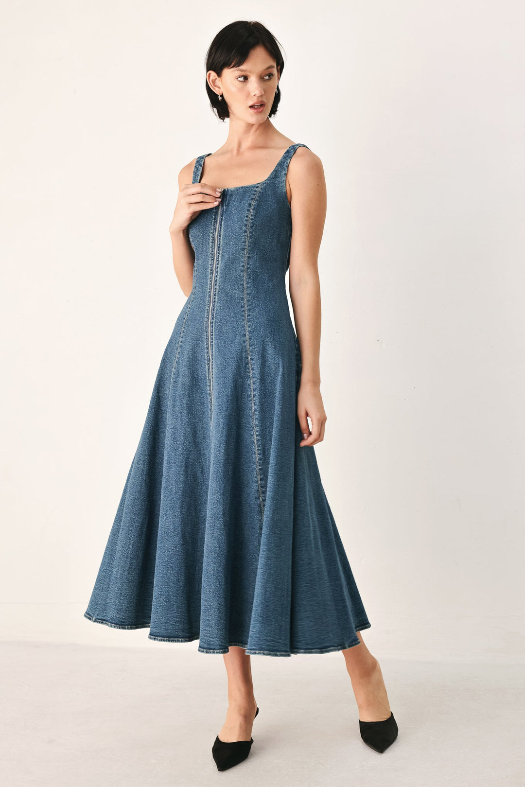 Blue Horizon Zip Front Denim Midi Dress from KADOU Boutique