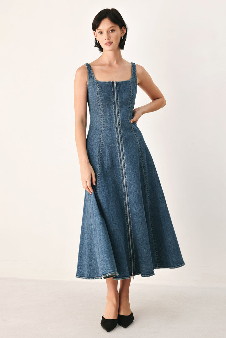Blue Horizon Zip Front Denim Midi Dress from KADOU Boutique