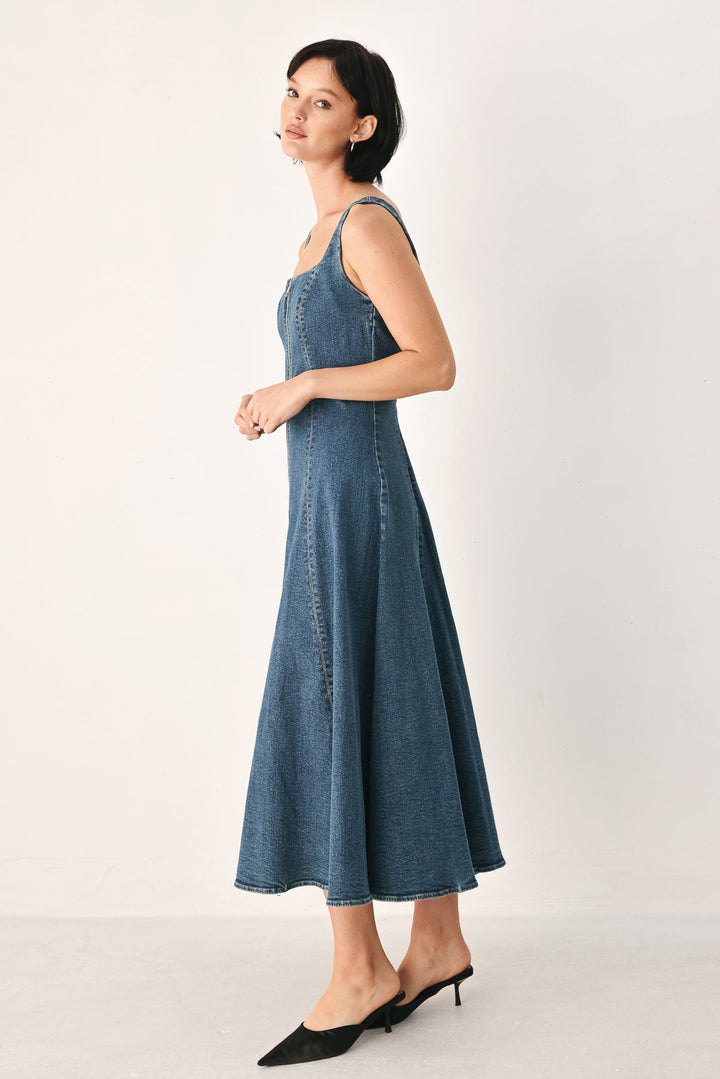 Blue Horizon Zip Front Denim Midi Dress from KADOU Boutique