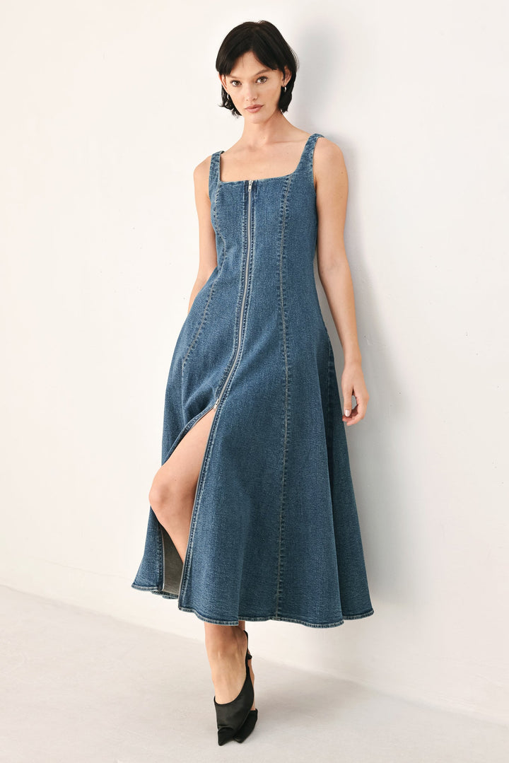 Blue Horizon Zip Front Denim Midi Dress from KADOU Boutique