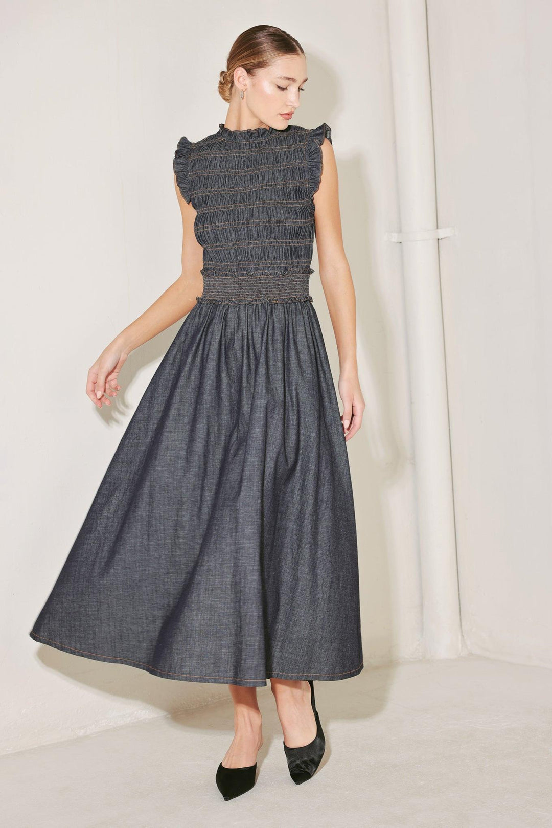 ROMANTIC REVERIE DENIM MIDI DRESS L FREEMARKET DARK DENIM / L