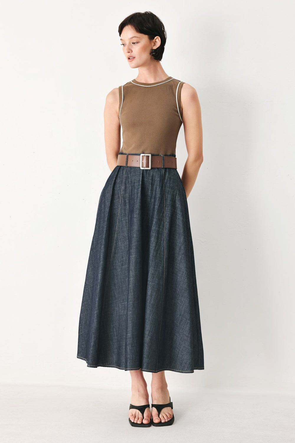 Espresso Hour Denim Combination Midi Dress from KADOU Boutique