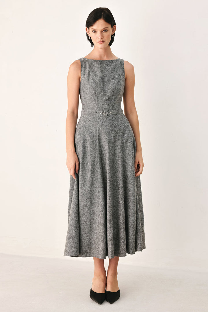 Silver Lining Belted A-Line Midi Dress from KADOU Boutique