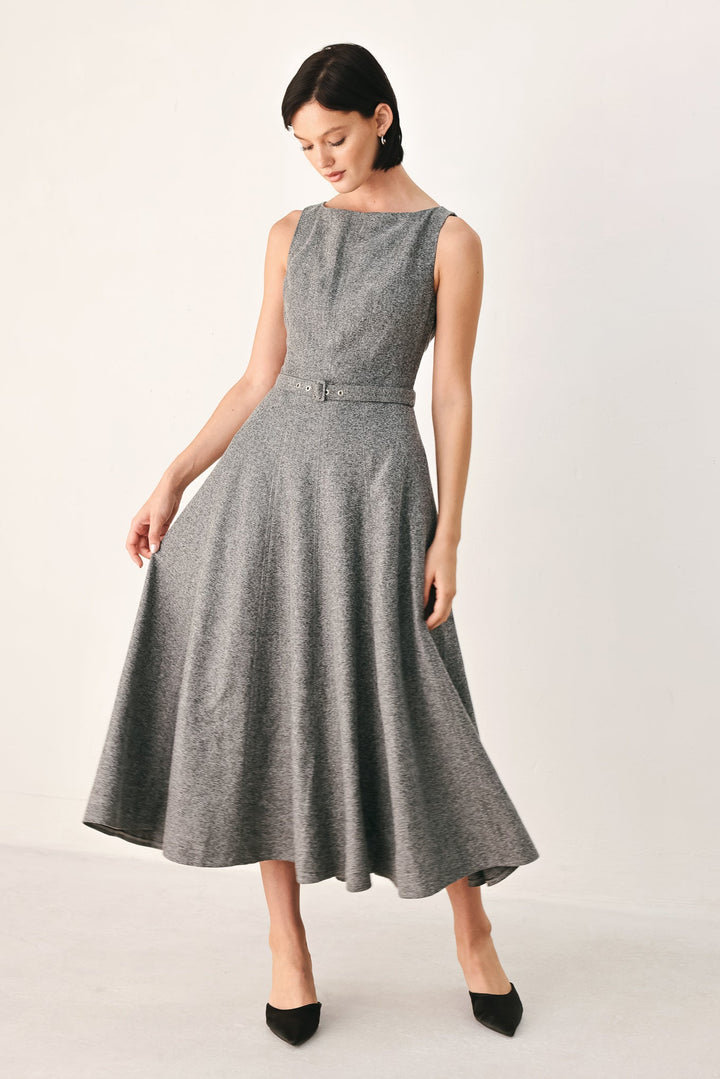 Silver Lining Belted A-Line Midi Dress from KADOU Boutique