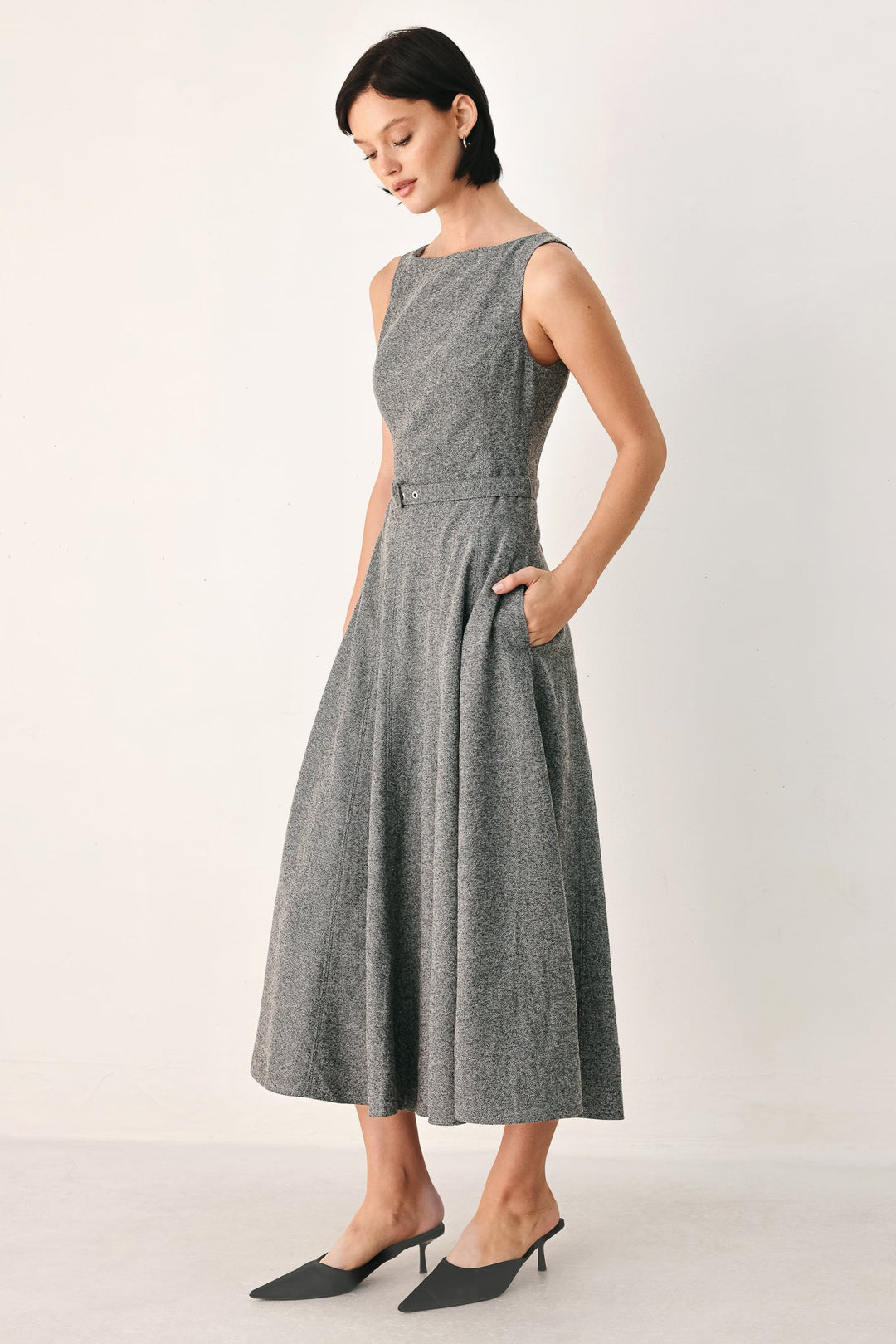 Silver Lining Belted A-Line Midi Dress from KADOU Boutique