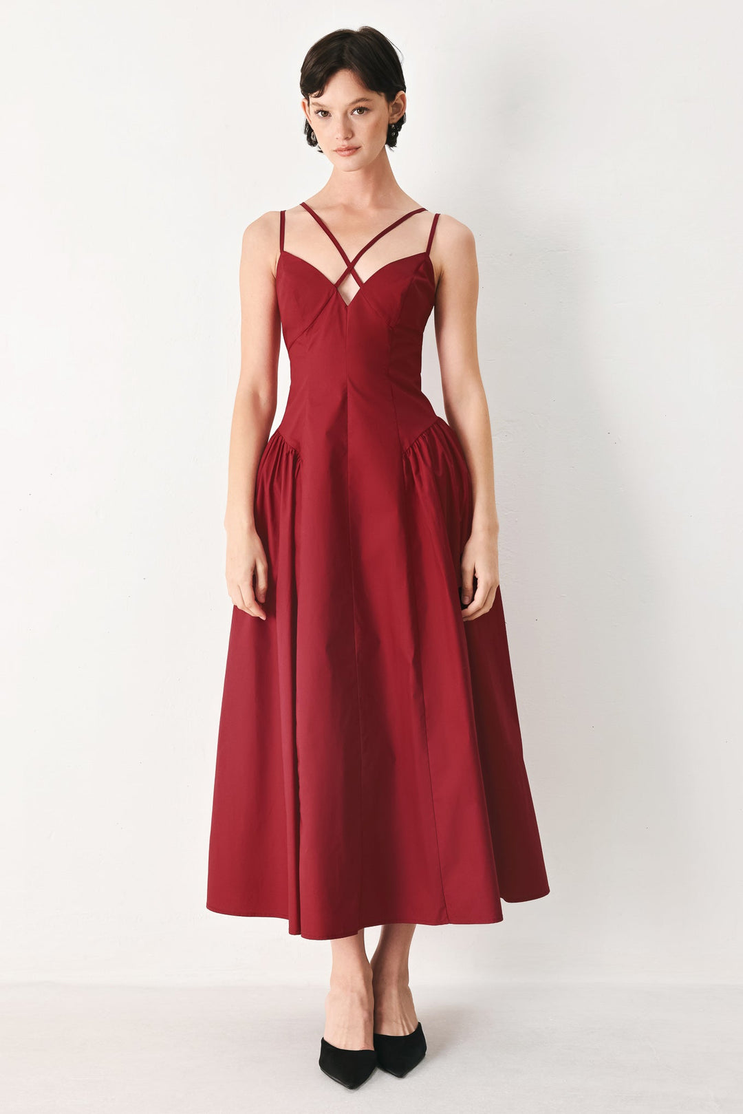 MIDNIGHT MERLOT WOVEN MIDI DRESS