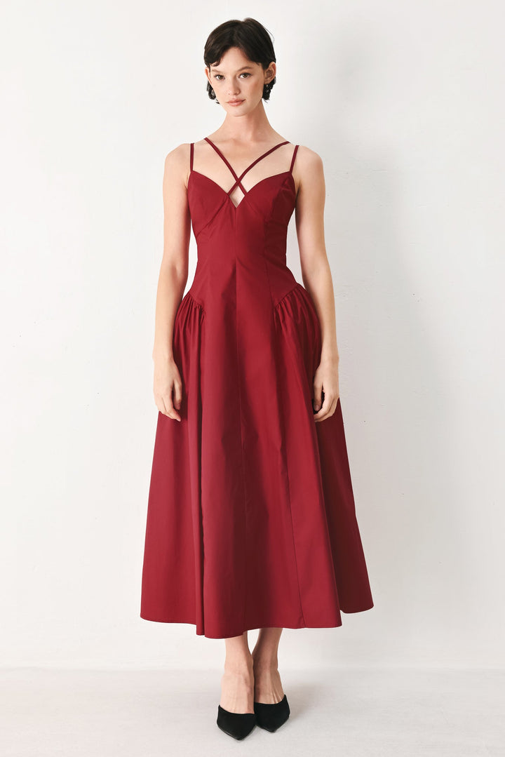 MIDNIGHT MERLOT WOVEN MIDI DRESS
