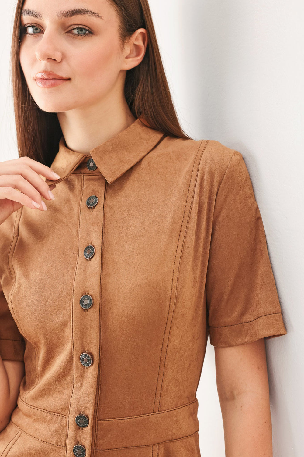 Darling Came Faux Suede Midi Shirt Dress from KADOU Boutique