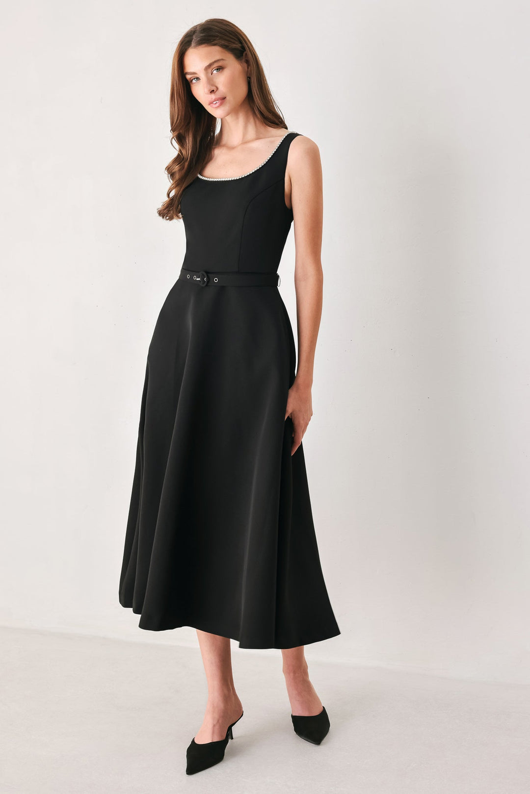 JEWELED NOIR BLACK EMBELLISHED BELTED MIDI DRESS