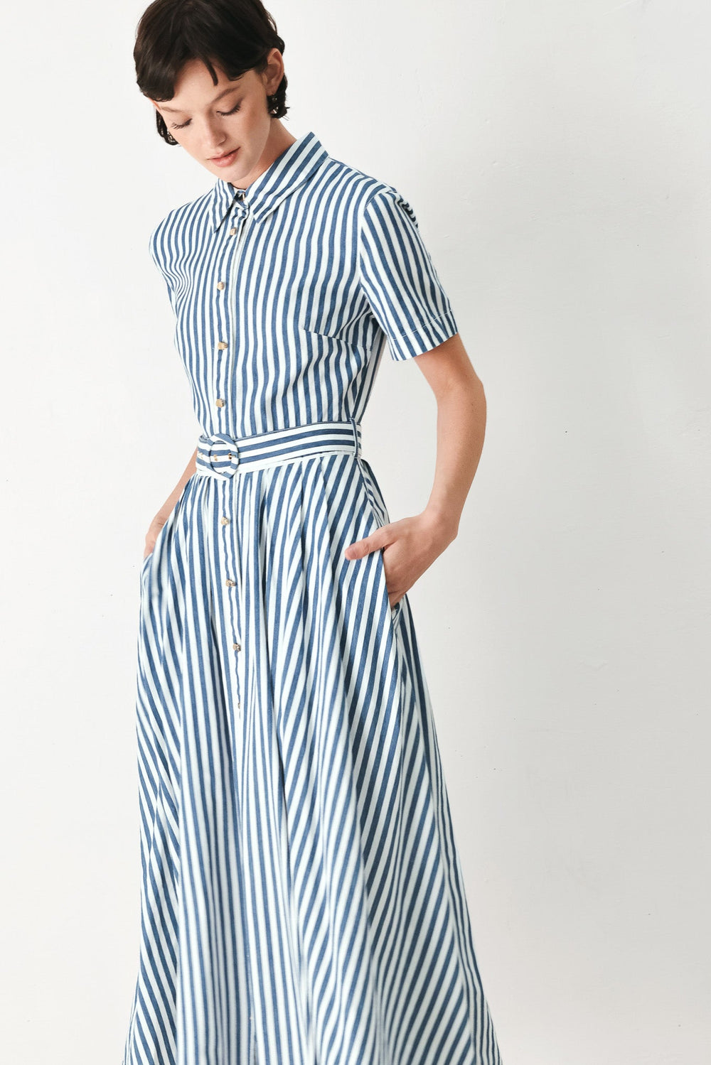 Coastal Muse Strip Woven Midi Shirt Dress from KADOU Boutique