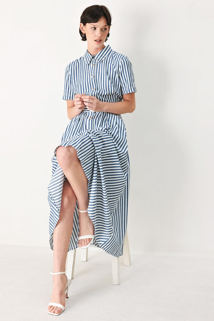 COASTAL MUSE STRIP WOVEN MIDI SHIRT DRESS