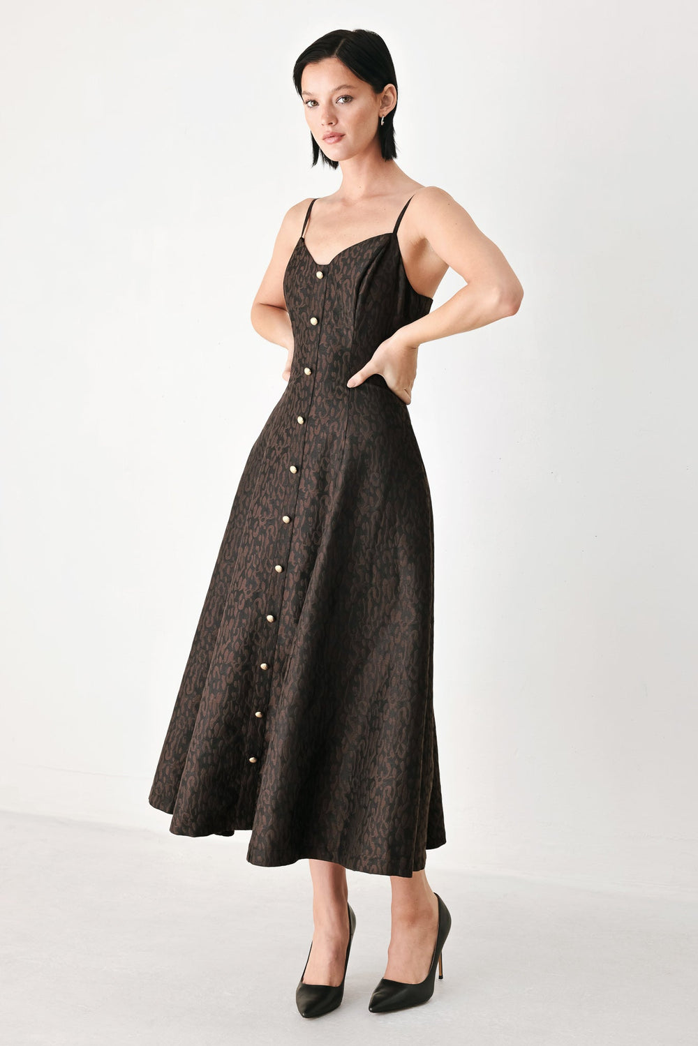 Buttoned in Chocolate Sweetheart Midi Dress from KADOU Boutique