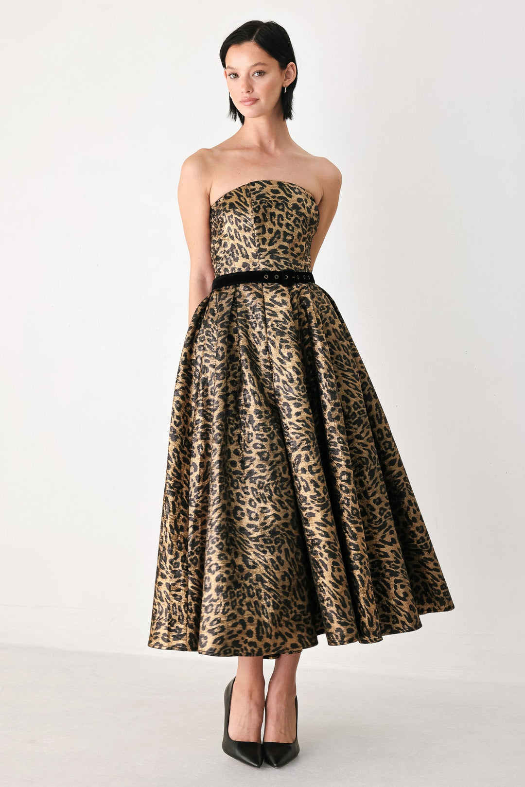 Wildly Golden Leopard Strapless Midi Dress from KADOU Boutique