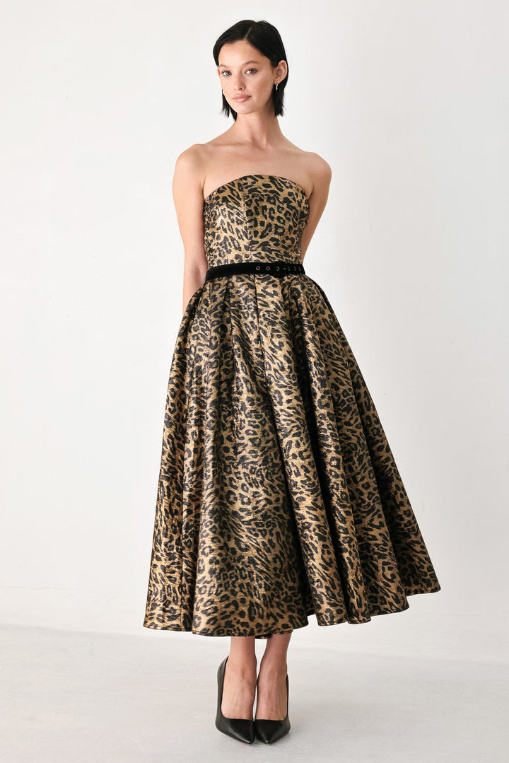 Wildly Golden Leopard Strapless Midi Dress from KADOU Boutique