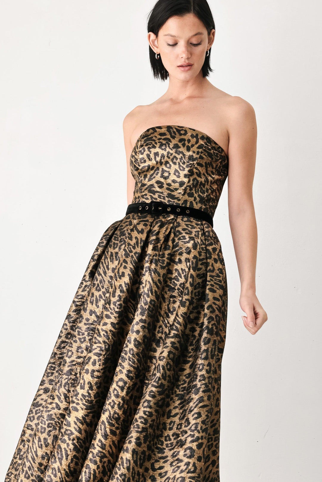 Wildly Golden Leopard Strapless Midi Dress from KADOU Boutique