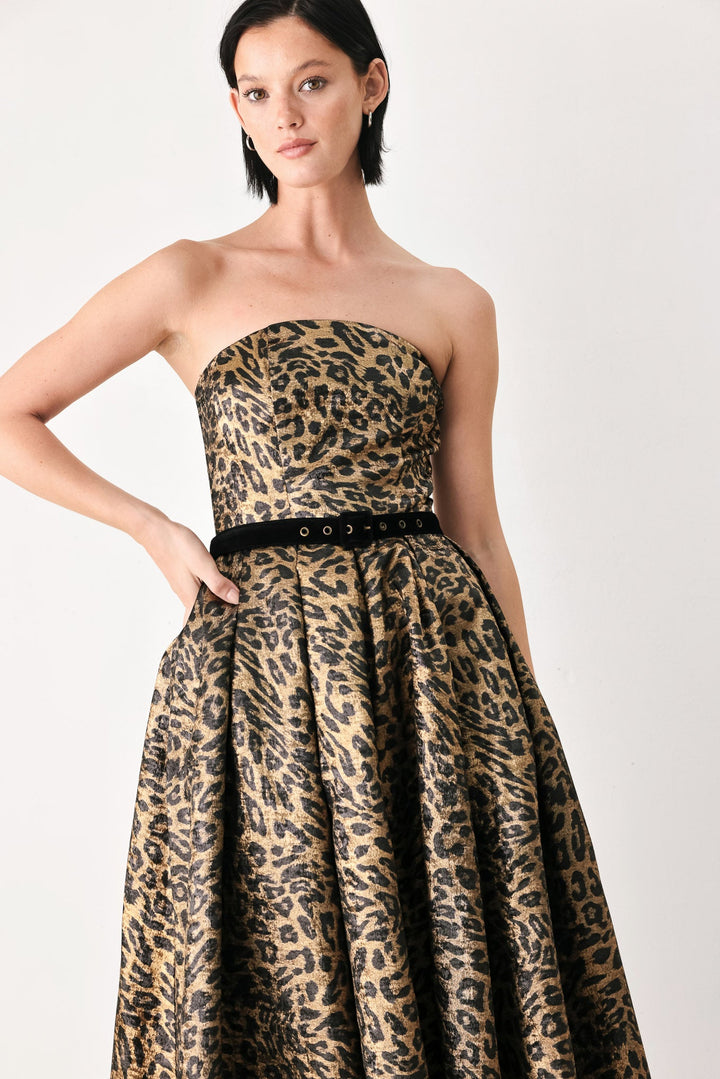 Wildly Golden Leopard Strapless Midi Dress from KADOU Boutique
