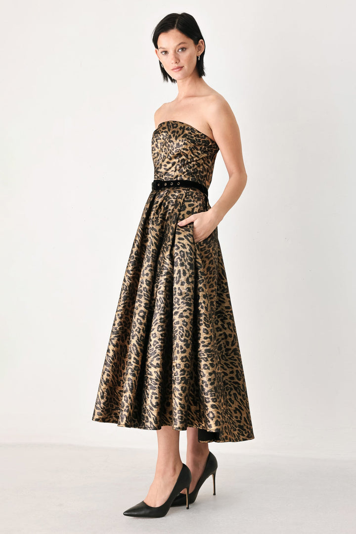 Wildly Golden Leopard Strapless Midi Dress from KADOU Boutique