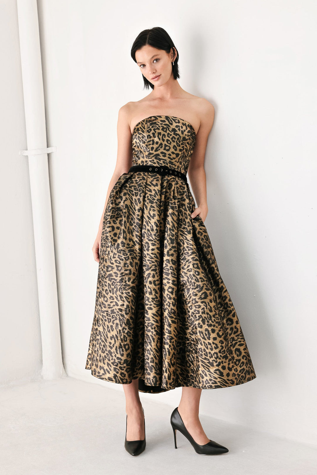 Wildly Golden Leopard Strapless Midi Dress from KADOU Boutique