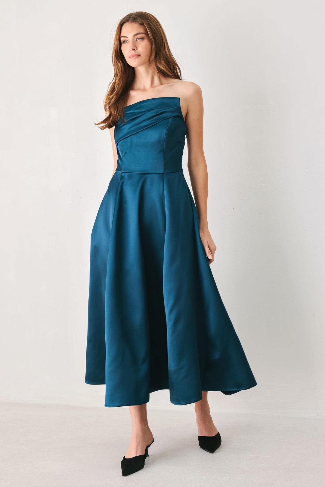 TEAL TEMPO ASYMMETRICAL STRAPLESS CIRCLE-SKIRT MIDI DRESS