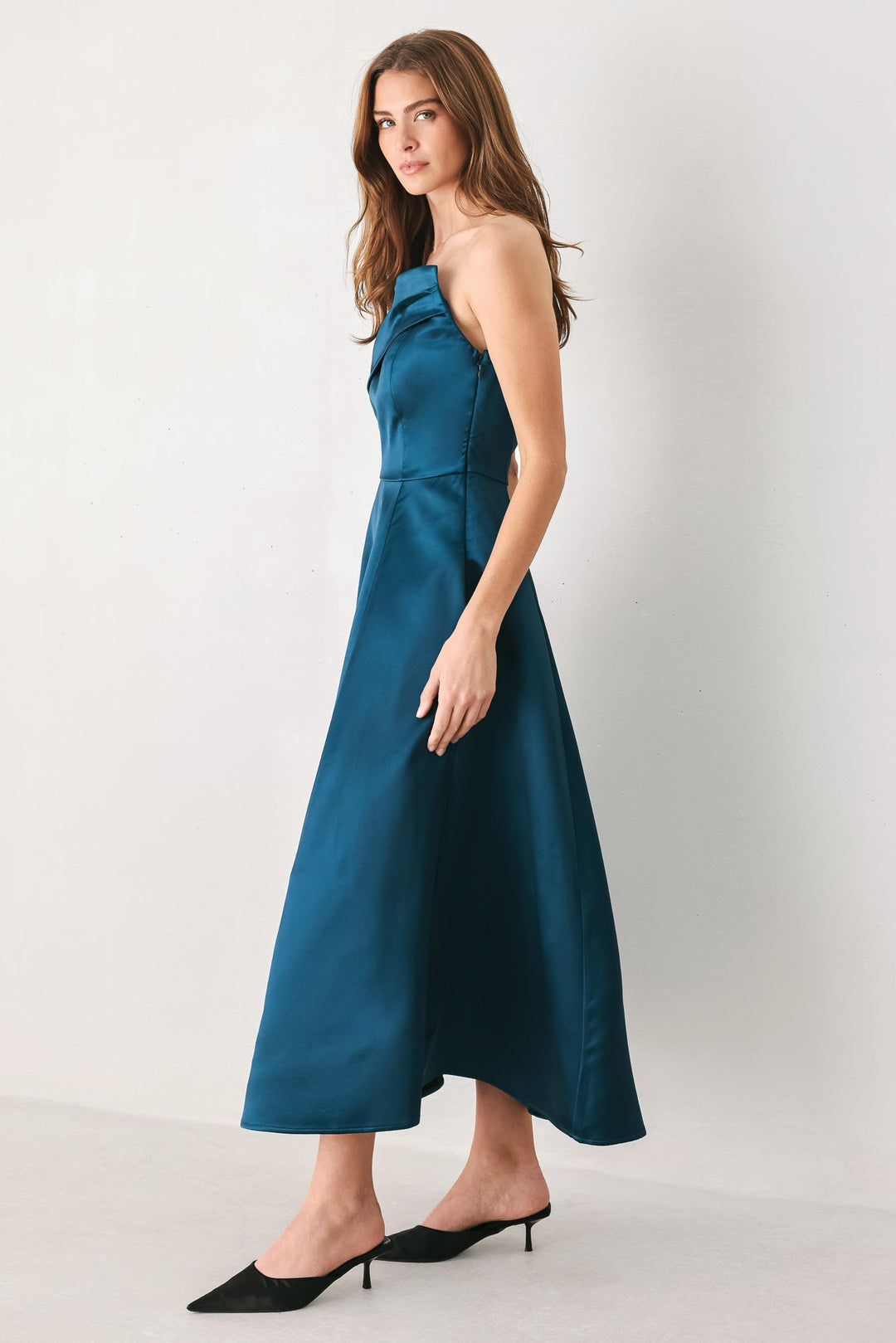 TEAL TEMPO ASYMMETRICAL STRAPLESS CIRCLE-SKIRT MIDI DRESS