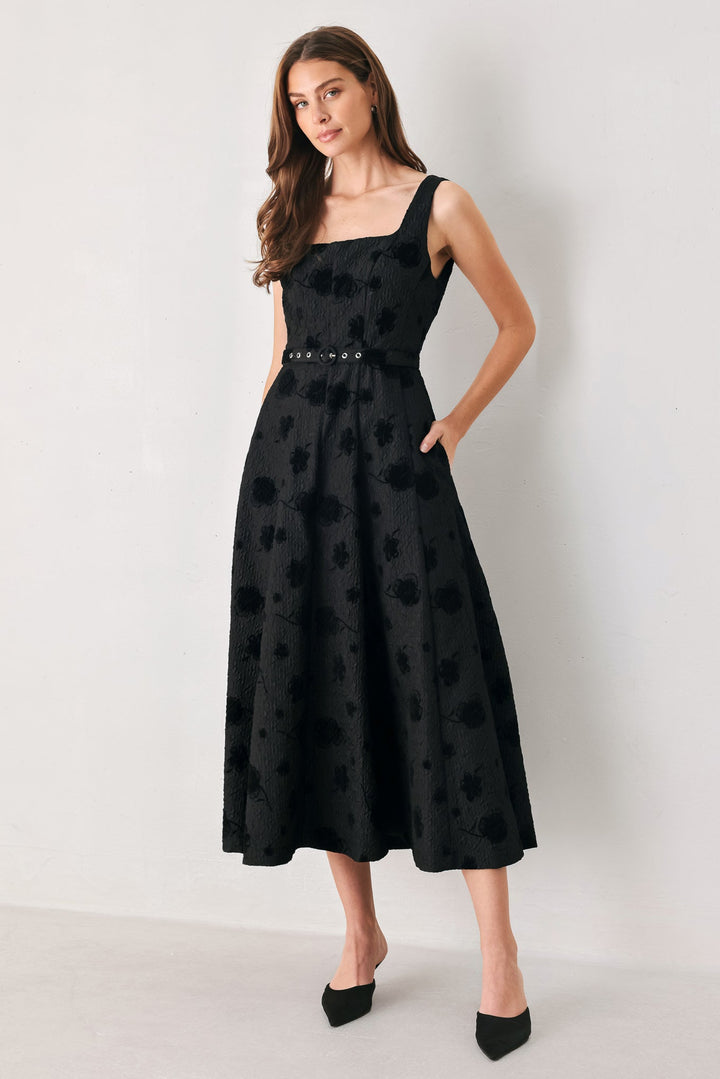 MIDNIGHT DRAMA BLACK STATEMENT MIDI DRESS