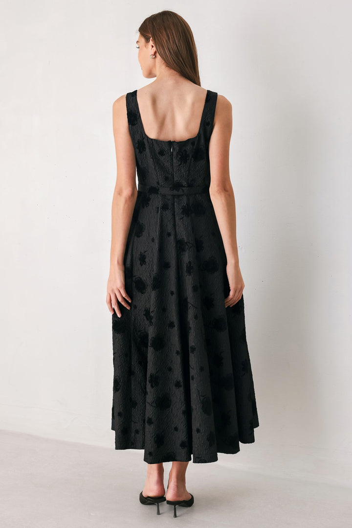 MIDNIGHT DRAMA BLACK STATEMENT MIDI DRESS
