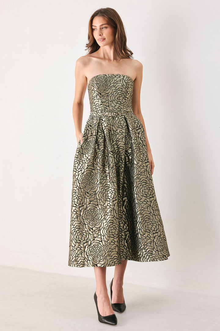 GOLDEN SOIREE GOLD STATEMENT MIDI DRESS