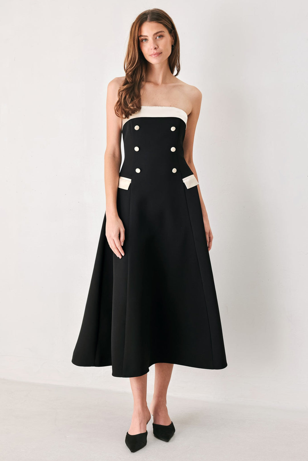 PARISIAN POISE BLACK/CREAM STRAPLESS BUTTON MIDI DRESS