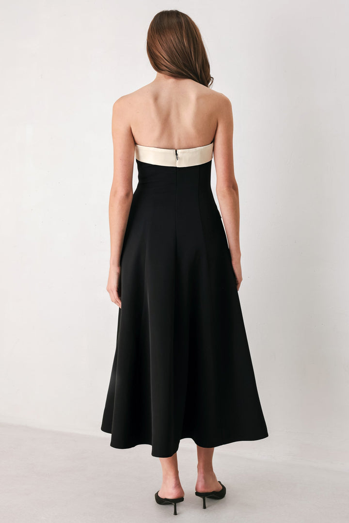 PARISIAN POISE BLACK/CREAM STRAPLESS BUTTON MIDI DRESS