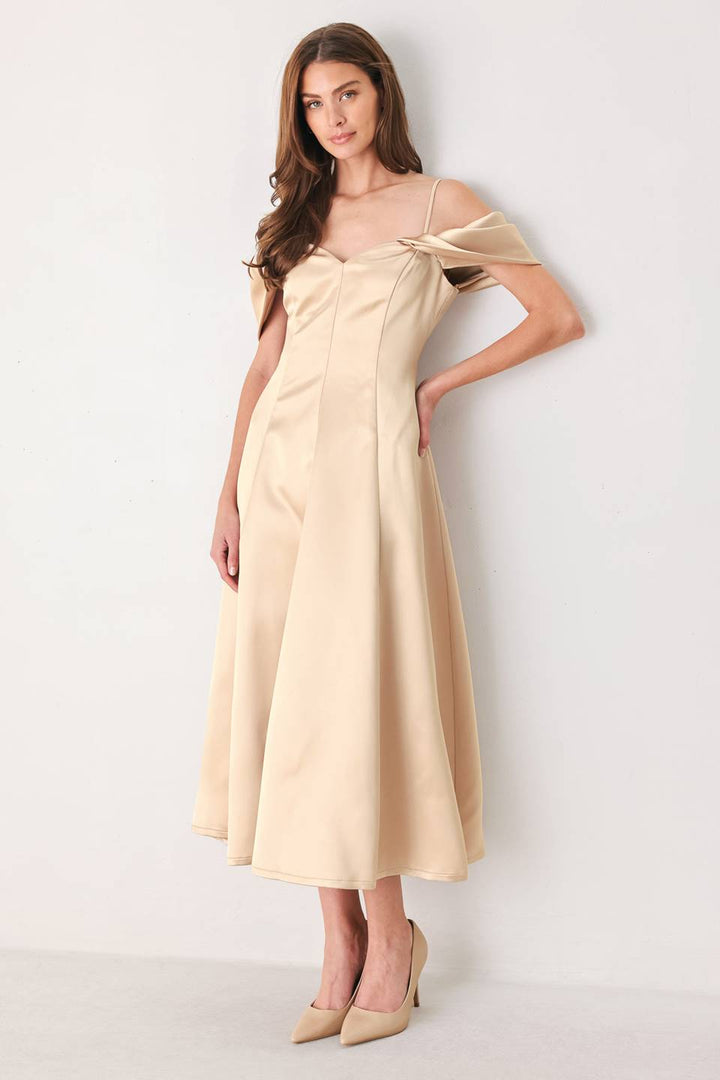 CHAMPAGNE ROMANCE CHAMPAGNE PINK OFF-SHOULDER MIDI DRESS