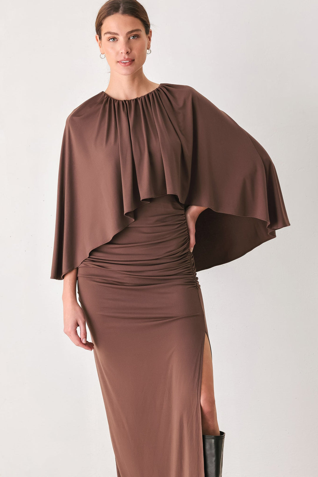 DUSTY ROSE DRAPE MAUVE CAPLET SHIRRED MIDI DRESS