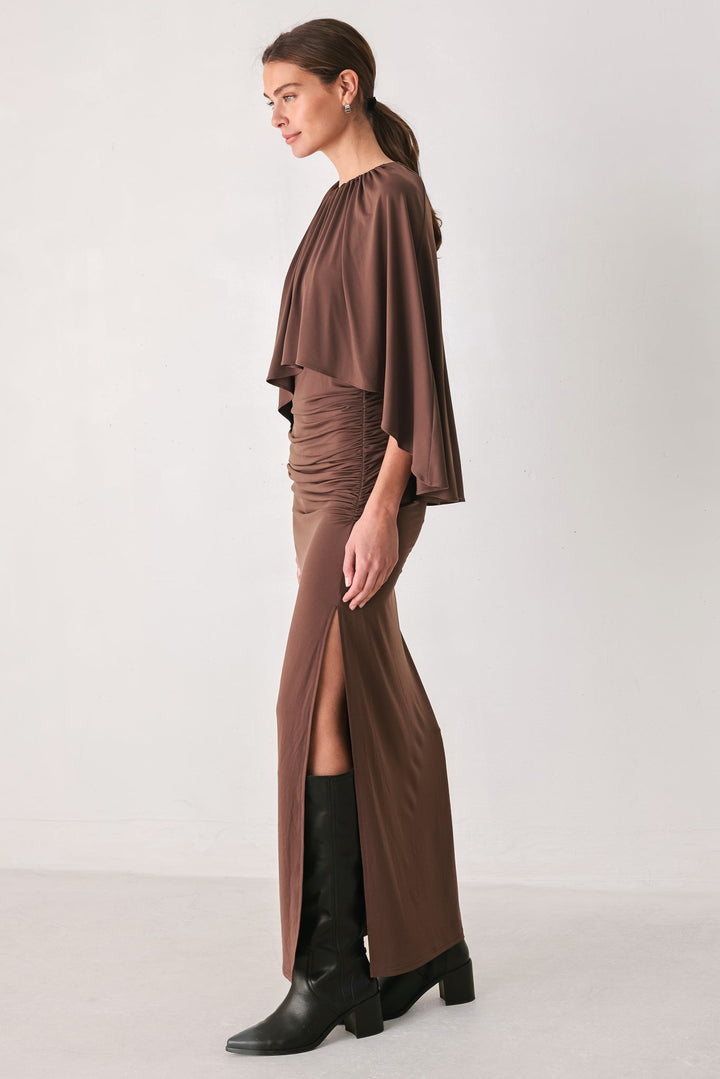 DUSTY ROSE DRAPE MAUVE CAPLET SHIRRED MIDI DRESS