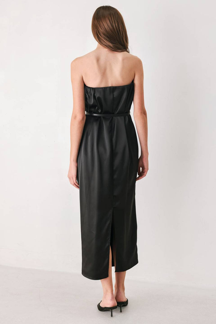 NOIR DRAPE BLACK RUCHED TULIP-SKIRT MIDI DRESS