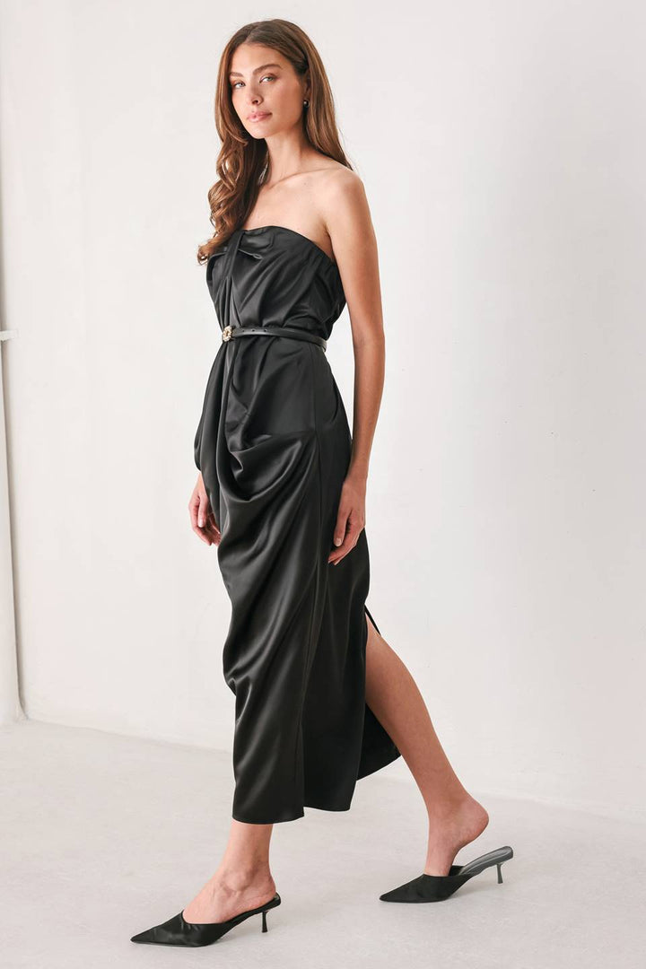 NOIR DRAPE BLACK RUCHED TULIP-SKIRT MIDI DRESS