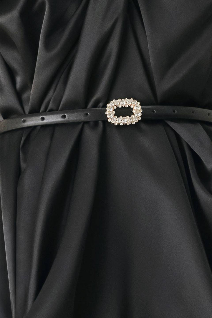 NOIR DRAPE BLACK RUCHED TULIP-SKIRT MIDI DRESS