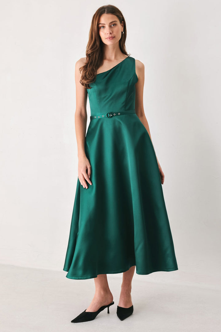 EMERALD ELEGANCE GREEN ONE-SHOULDER BELTED MIDI DRESS