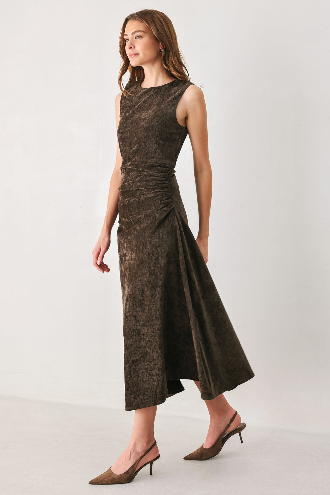 COCOA TWIST BROWN CHENILLE OPEN-BACK MIDI DRESS